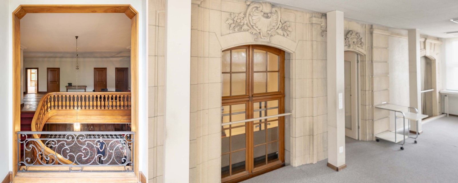 Links ein kleiner Balkon mit Blick auf das Treppenhaus und rechts ein Raum mit einer historischen Steinwand.