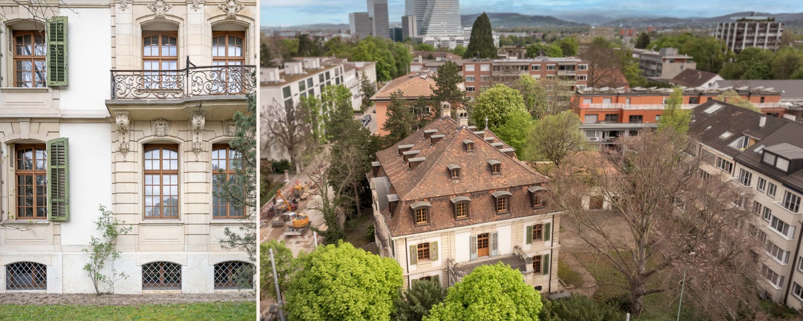 Links sieht man eine historische Hausfassade und rechts sieht man ein historisches Haus in einer Stadt aus der Vogelperspektive.